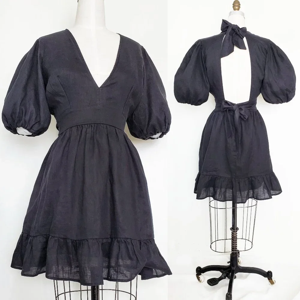 Faithfull The Brand Womens Black Linen Tie Back Dress Balloon Sleeves 6 - Picture 2 of 11